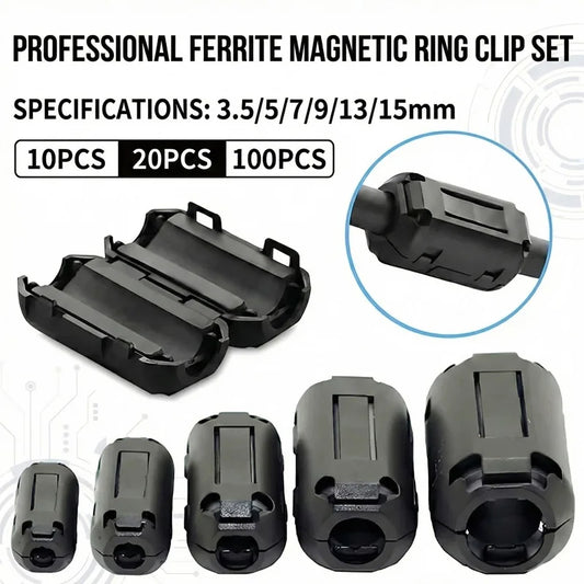 Snap-on ferrite core clamp 3.5–15mm ring magnetic bead EMI RFI noise filter choke for USB, power, audio, and video cables