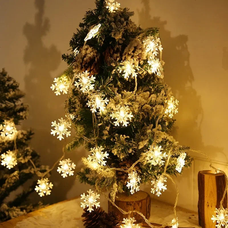 Set of snowflake LED string lights, USB and battery operated, for Xmas tree, wedding, and New Year party decoration