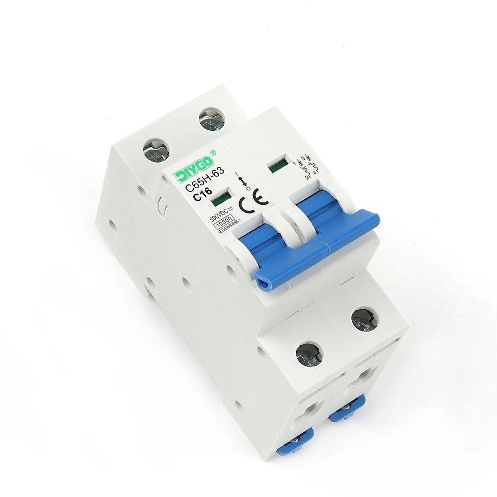 Set of 2P DC MCB mini circuit breakers, 6A–63A, suitable for PV system and battery main switch