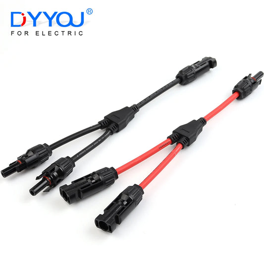Power solar connectors 30A Y-branch cable, solar cable parallel adaptor pair for solar panel, 1M/FF + 1F/MM, black and red