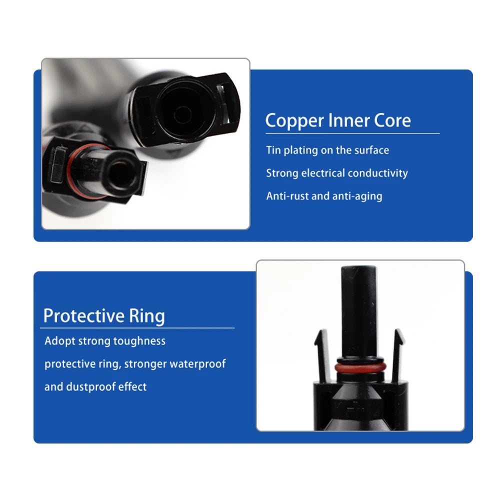 Set of power solar connectors 30A Y-branch cables, solar parallel adaptor pair, black and red for solar panels