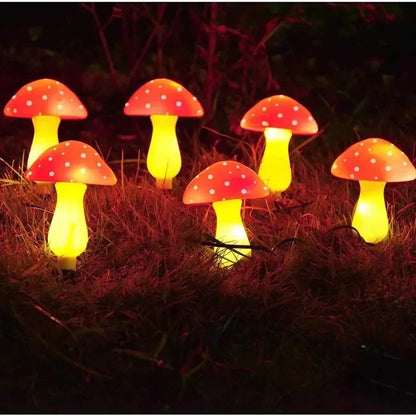 Solar fairy lights close up mushroom design detail