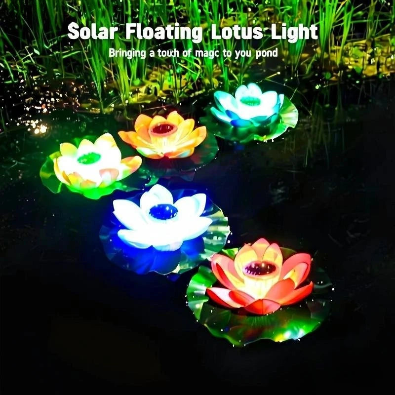Solar operated LED floating lotus light, waterproof artificial flower night lamp for pond, pool, garden, and fish tank water decor