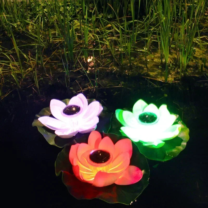Detailed view of solar LED floating lotus lamp for outdoor and water decor