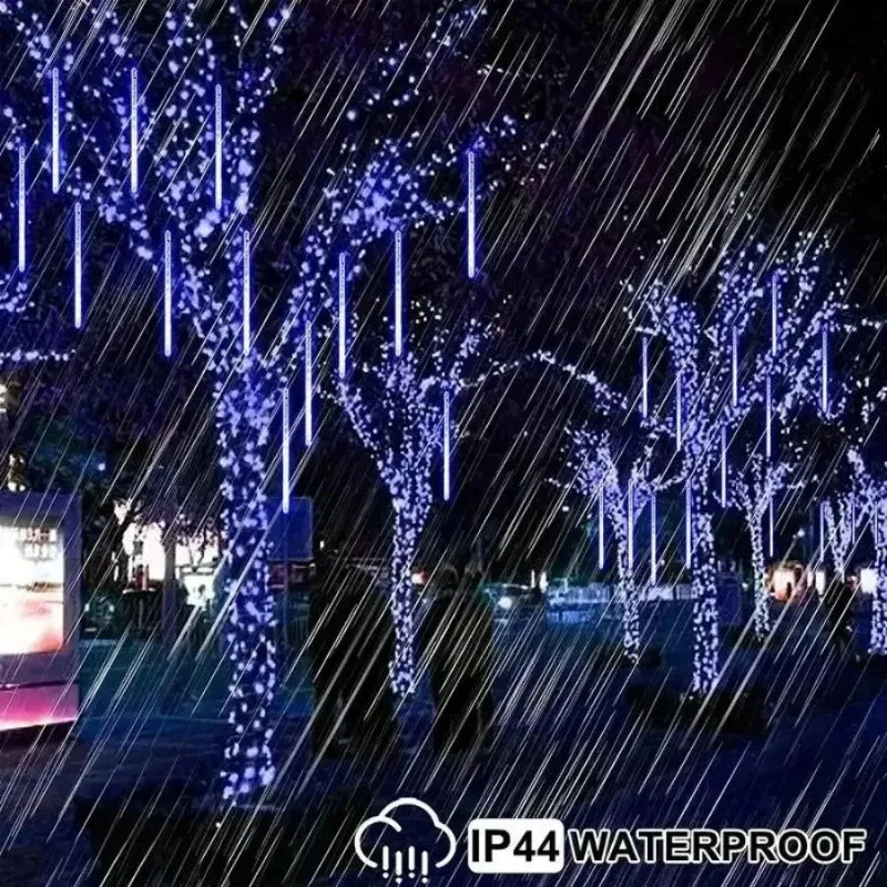 Close-up of solar powered LED meteor shower fairy lights structure