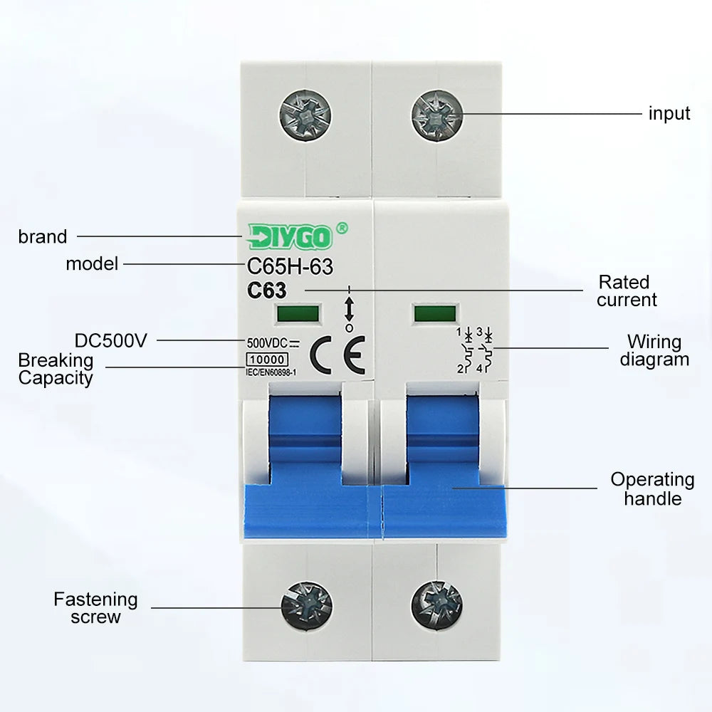Close-up of 2P DC mini circuit breaker for solar PV system, rated 6KA 500V, supporting 6A–63A