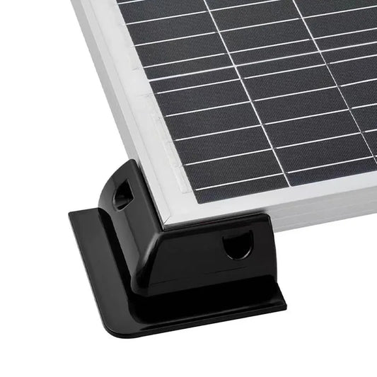 Black and white plastic solar panel mounting bracket showing frame fixing structure for secure installation