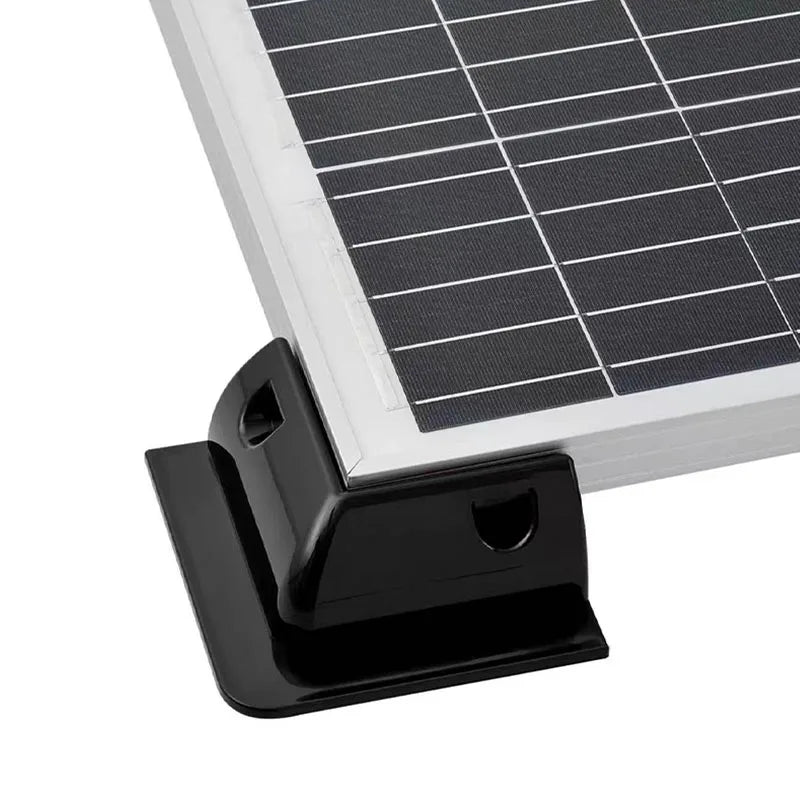 Black and white plastic solar panel mounting bracket showing frame fixing structure for secure installation