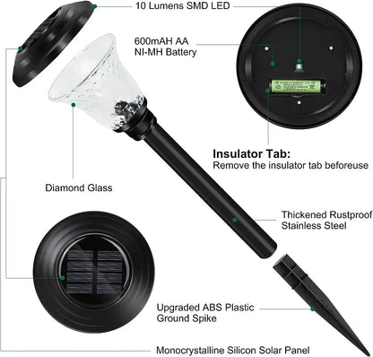 Solar powered outdoor lights for garden and walkway