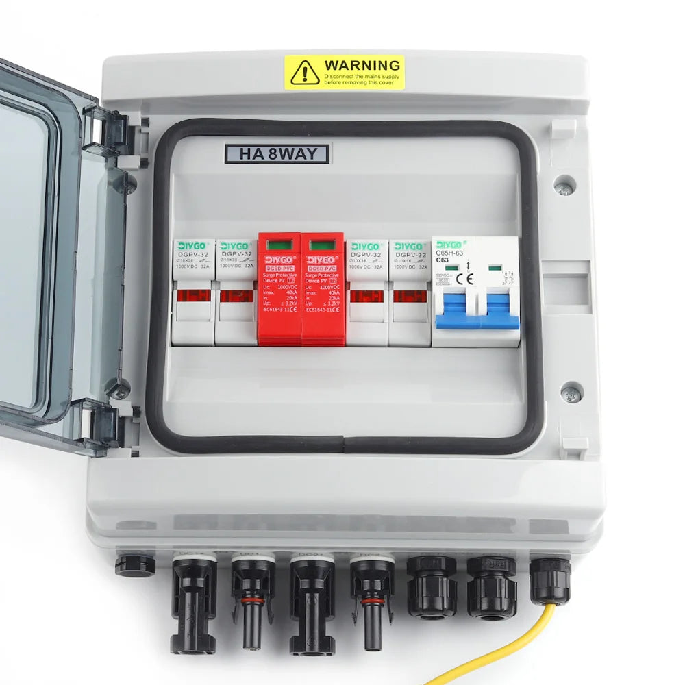 Solar photovoltaic PV combiner box 500V, 2 in 1 out, for outdoor wall-mounted installation