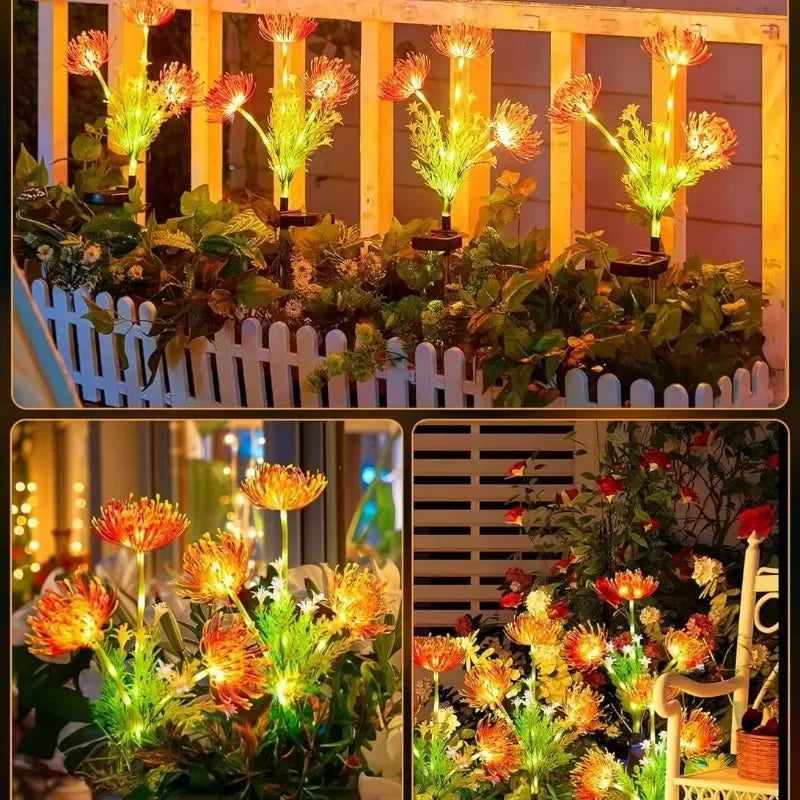 Set of solar LED red magic lily lights with 3 glowing flower heads, perfect for garden, yard, and lawn decoration