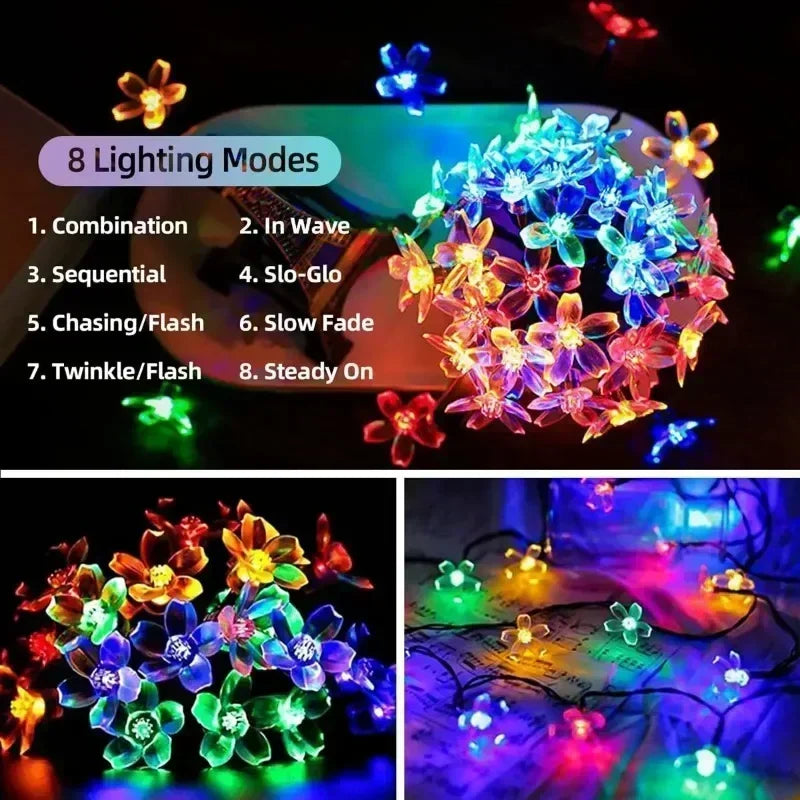 Set of Solar Sakura fairy string lights, 5/7/12/22M peach blossom cherry LED lamps for wedding, party, garden, and Christmas outdoor decor
