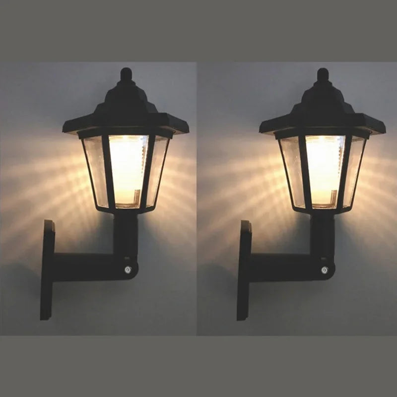 Solar wall lamp with retro LED lantern design, suitable for outdoor and landscape lighting