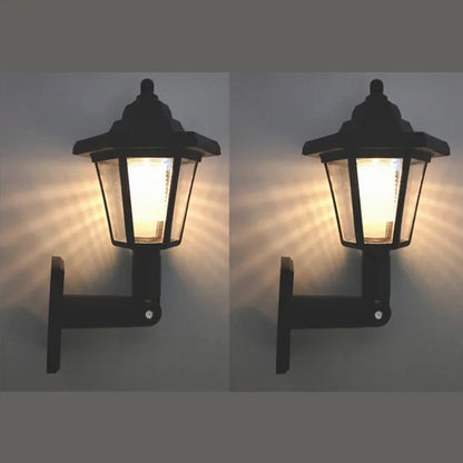 Solar wall lamp with retro LED lantern design, suitable for outdoor and landscape lighting
