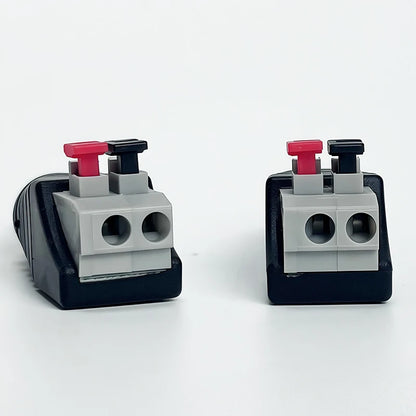 Solderless RCA to terminal block adapter showing easy wire connection