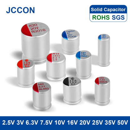 Solid capacitors for motherboards and graphics cards, voltage 2.5V–50V, capacitance 100µF–470µF, ideal for electronic circuits and high-performance applications