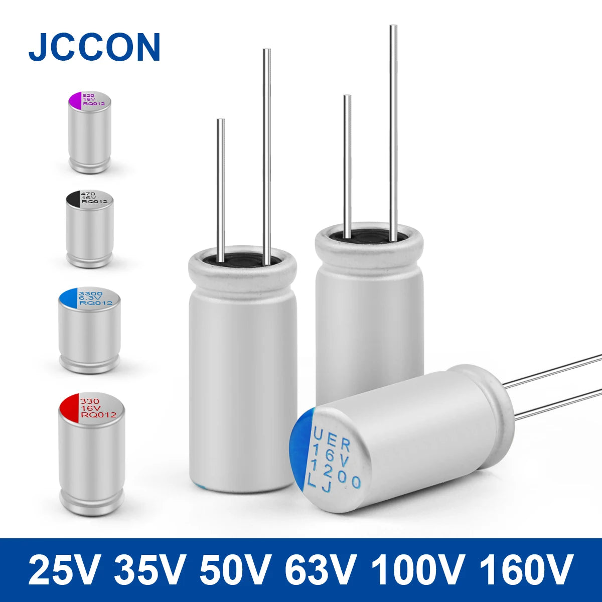 Solid capacitors for motherboard and graphics card, voltage 25V–160V, capacitance 100µF–1000µF, suitable for high-performance electronic circuits
