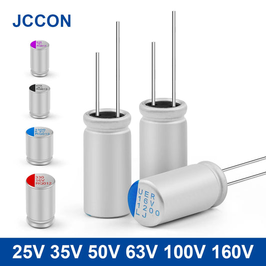 Solid capacitors for motherboard and graphics card, voltage 25V–160V, capacitance 100µF–1000µF, suitable for high-performance electronic circuits