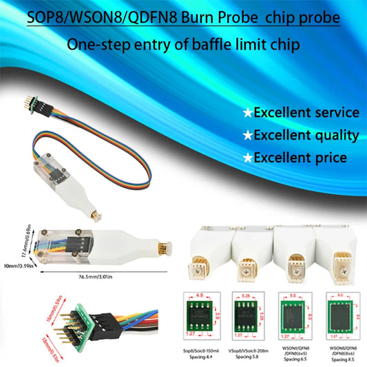 SOP8, WSON8, QFN8 mini spring pin test probe for IC programming, chip testing, and hard drive repair projects