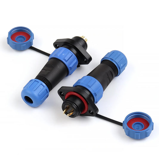 Close-up of SP13 flange type waterproof plug socket for outdoor electrical cable wire, male and female industrial connectors