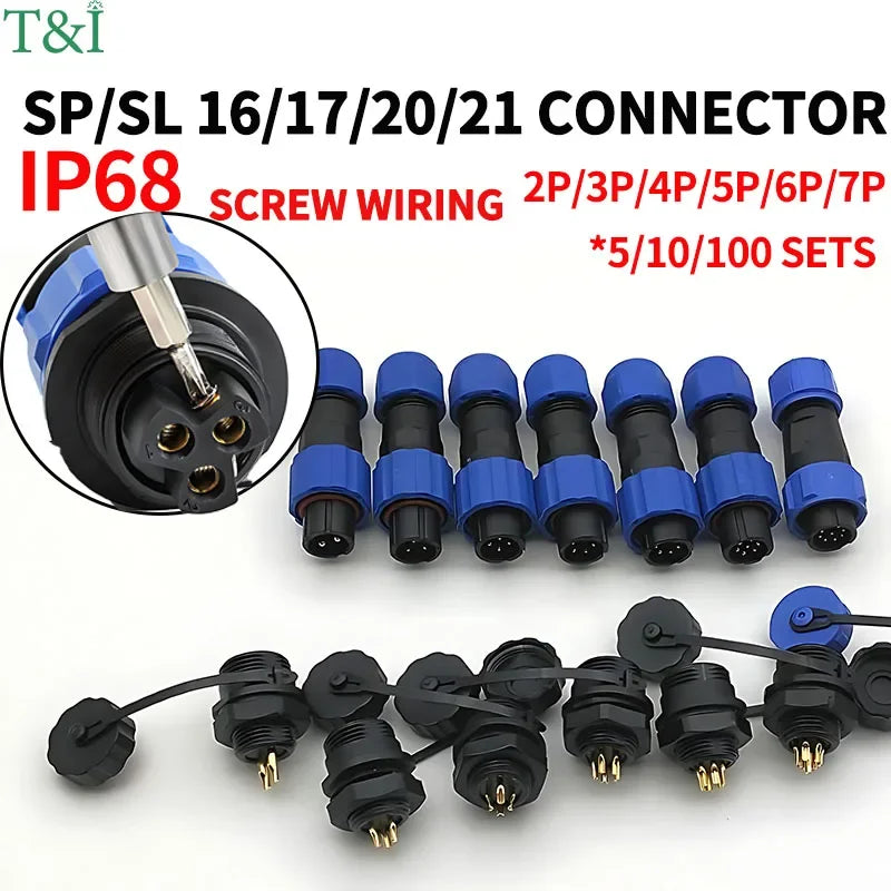 5/10/100 Sets SP16 SP17 SP20 SP21 2PIN-12PIN screw wiring waterproof aviation connectors, IP68 electrical cable wire connectors