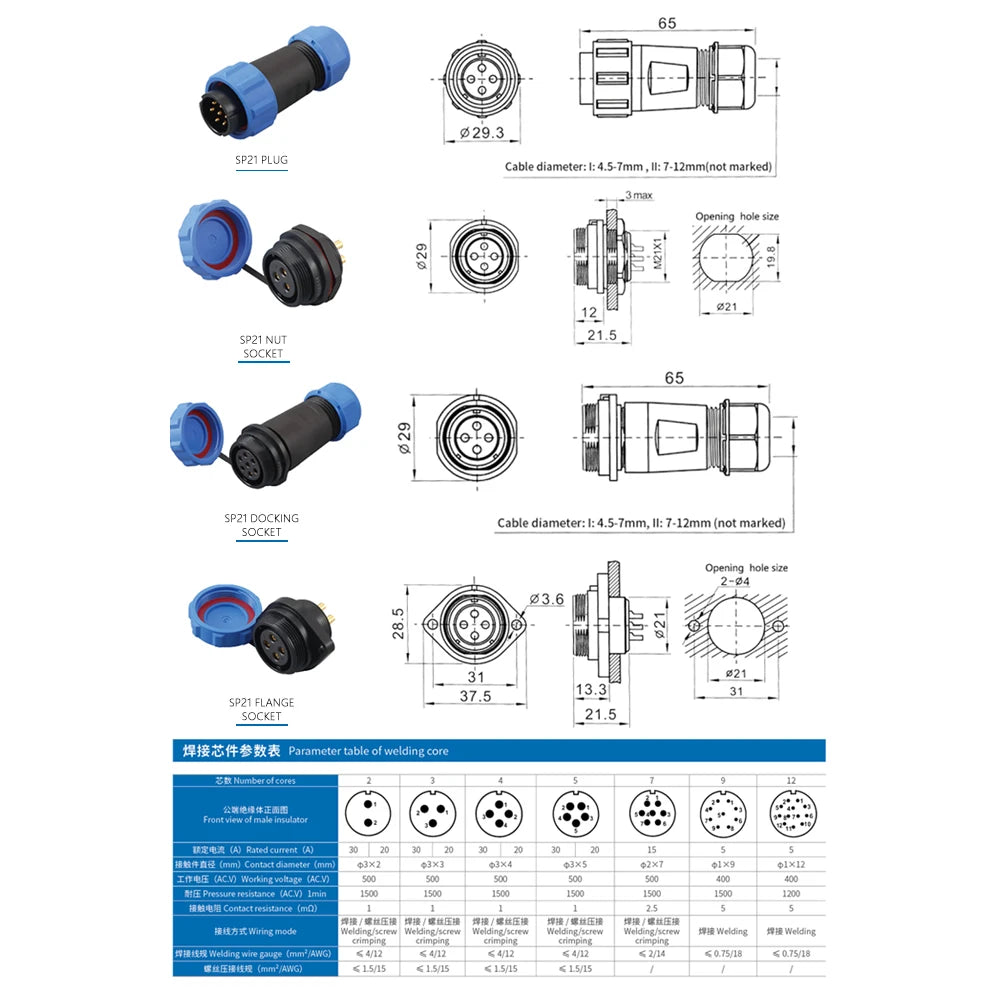SP21 aviation cable wire connector with 2/3/4/5/7/9/12 pins for IP68 applications
