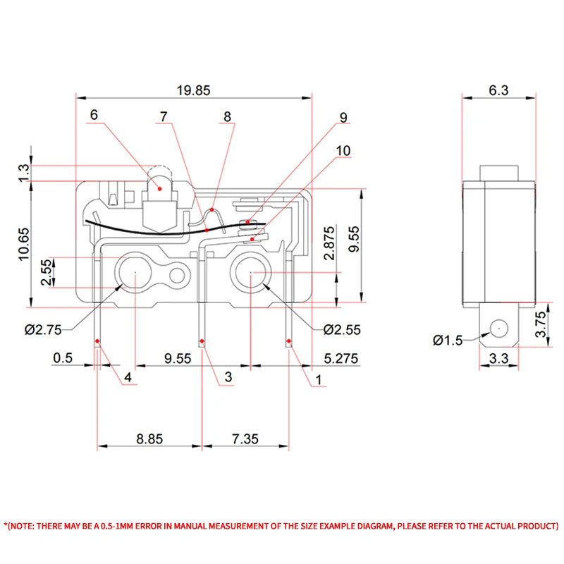 Close-up of SPDT snap action micro limit switch, 5A 250V mini switch for home appliance and DIY control circuits