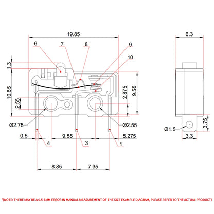 Close-up of SPDT snap action micro limit switch, 5A 250V mini switch for home appliance and DIY control circuits