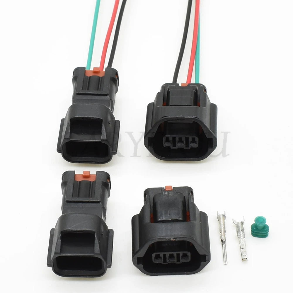 Detailed view of plastic housing and wiring of 3-Pin 1.2mm automotive speed wire connector 7283-8730-30 MG641234-5