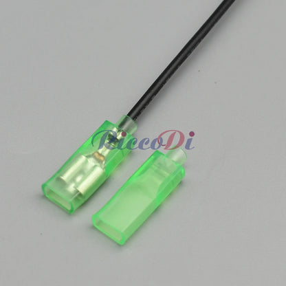 Close-up of 6.3mm spring terminal showing pin and green sheath for secure push button switch connection