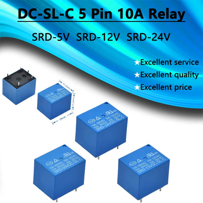 SRD-05/12/24VDC 5-pin 10A relay SRD-SL-C DC electromagnetic switch, suitable for electronic circuits, DIY projects, and automation control