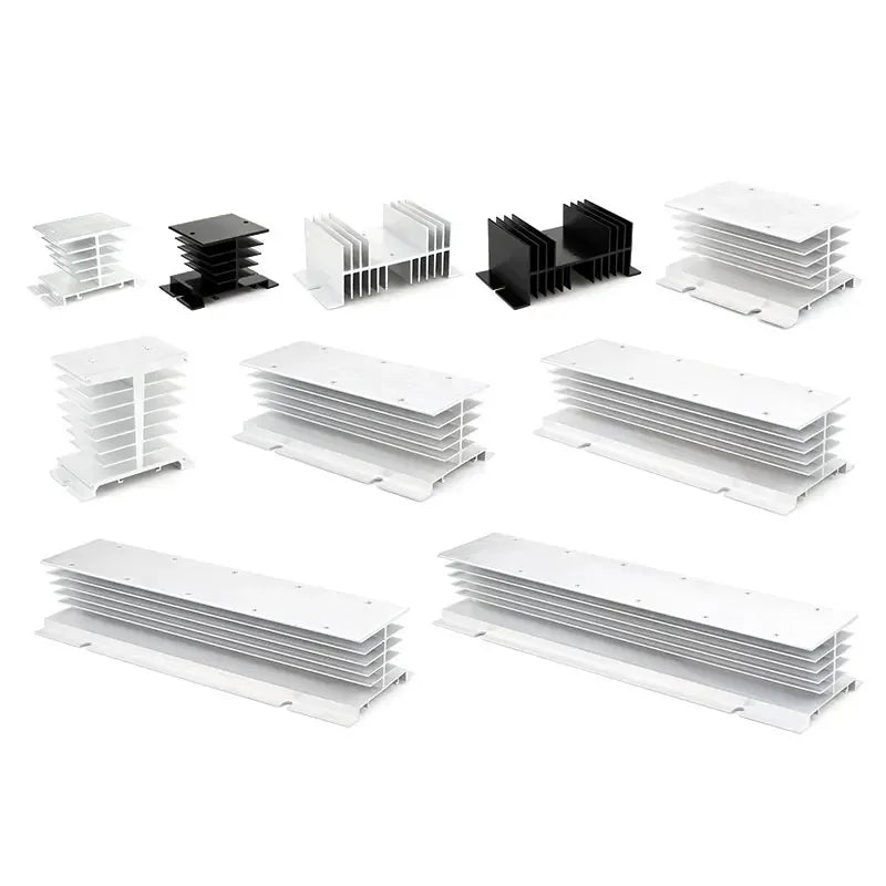 SSR solid state relay cooling aluminum heat sink showing 10A–100A capacity and 12V–220V compatibility
