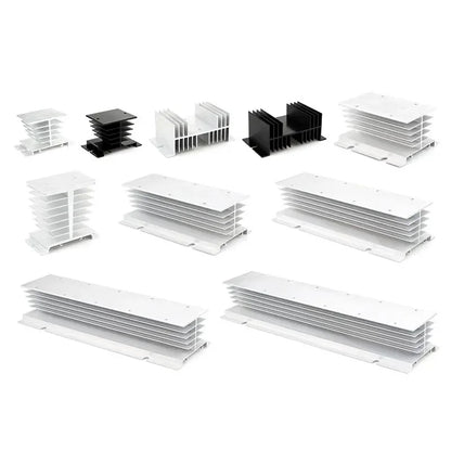 SSR solid state relay cooling aluminum heat sink showing 10A–100A capacity and 12V–220V compatibility