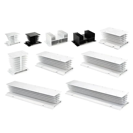 SSR solid state relay cooling aluminum heat sink showing 10A–100A capacity and 12V–220V compatibility