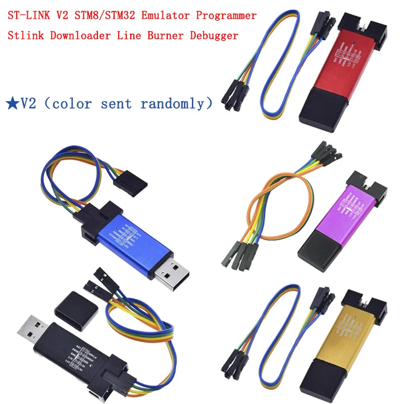 ST-LINK V2 emulator programmer and debugger module for STM8 and STM32 microcontrollers, supports downloading and firmware burning