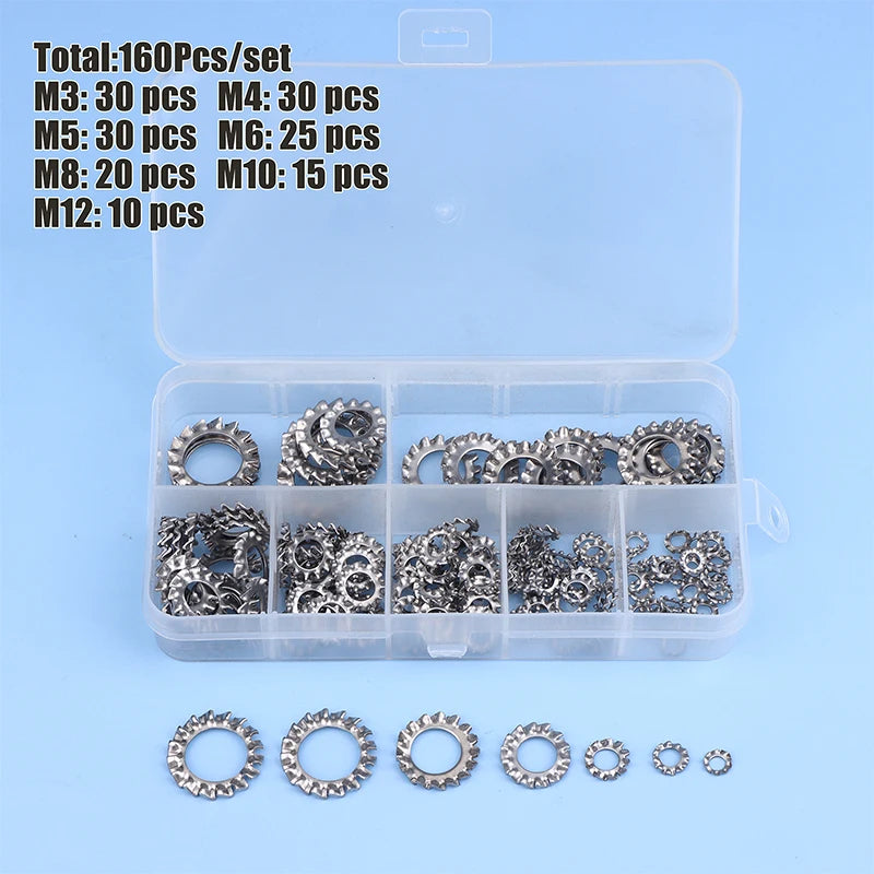 160pcs stainless steel external star lock washers assortment