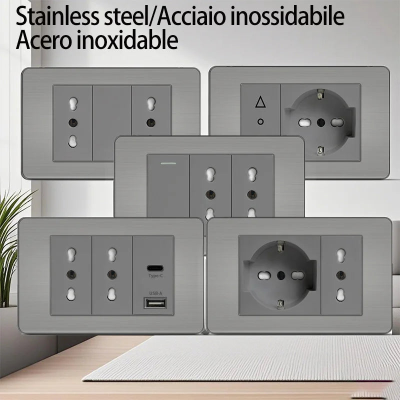 Stainless steel wall socket 118x75mm Italian-style with USB-C and Schuko Chilean plug, brushed finish for home and office use