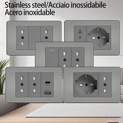 Stainless steel wall socket 118x75mm Italian-style with USB-C and Schuko Chilean plug, brushed finish for home and office use