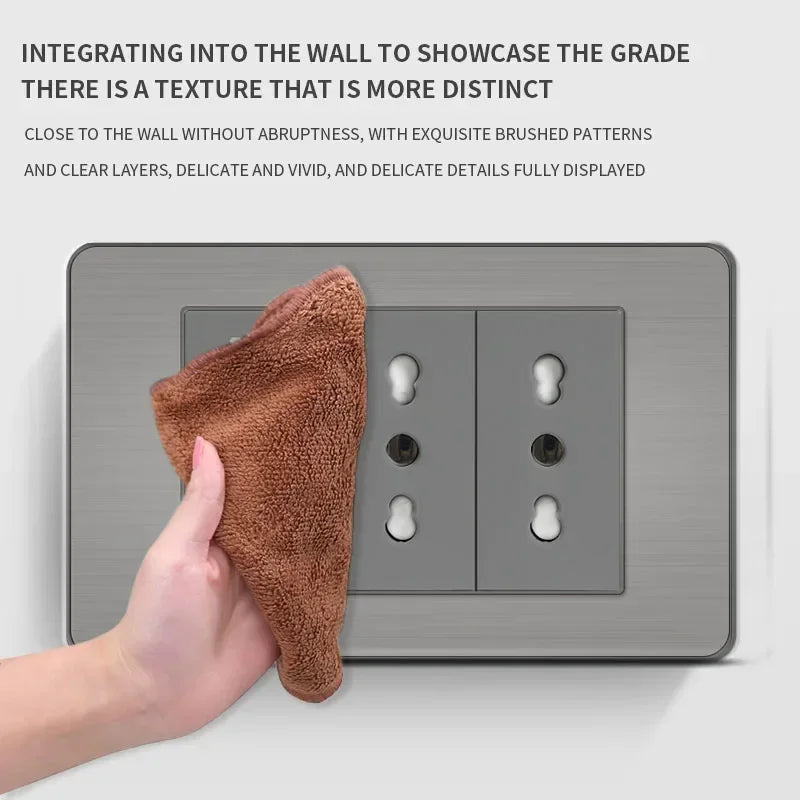 Series of stainless steel wall sockets 118x75mm, Italian-style with USB-C and Schuko Chilean plug, brushed finish for home and office