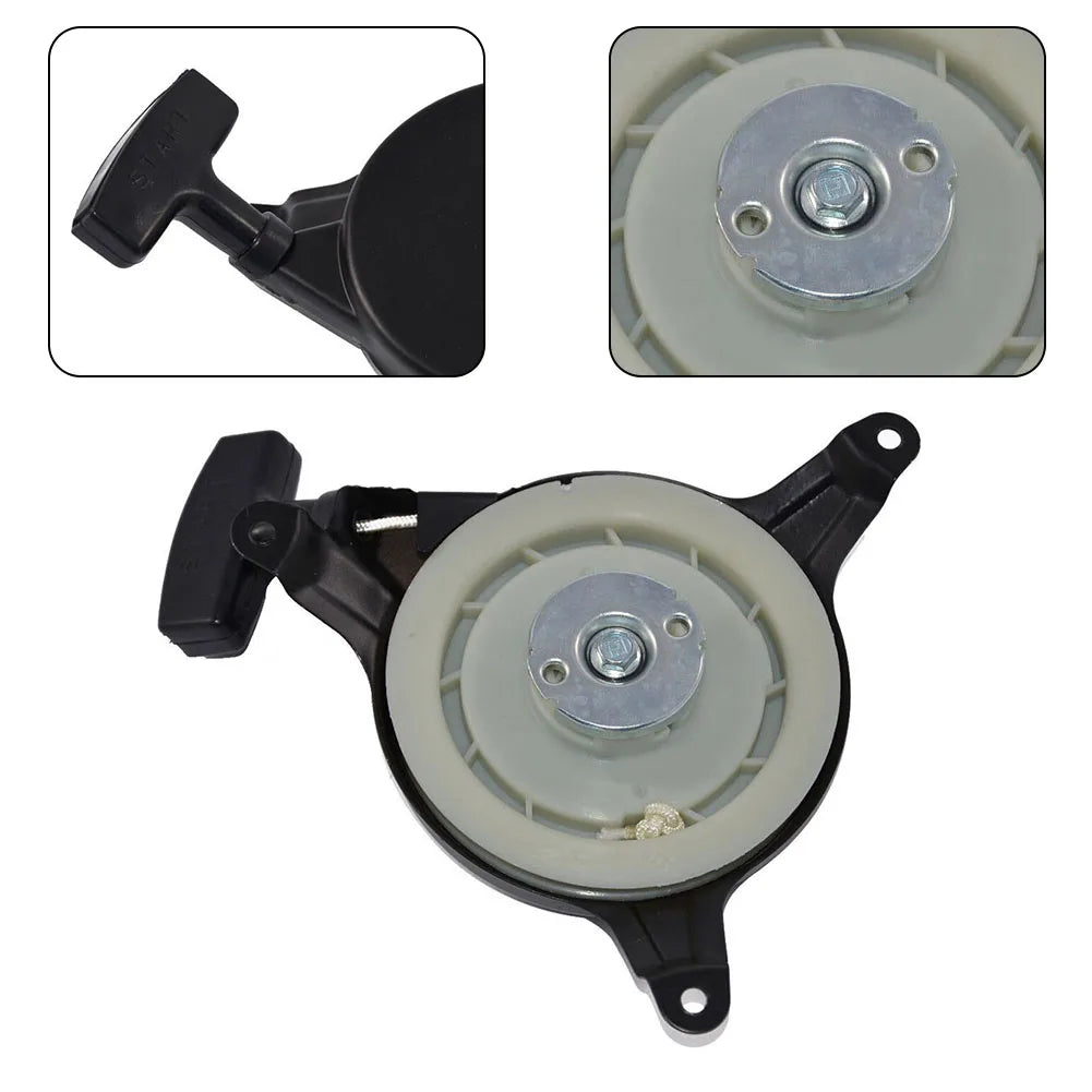 Recoil starter mechanism for garden tool lawn mowers, compatible with multiple small engines