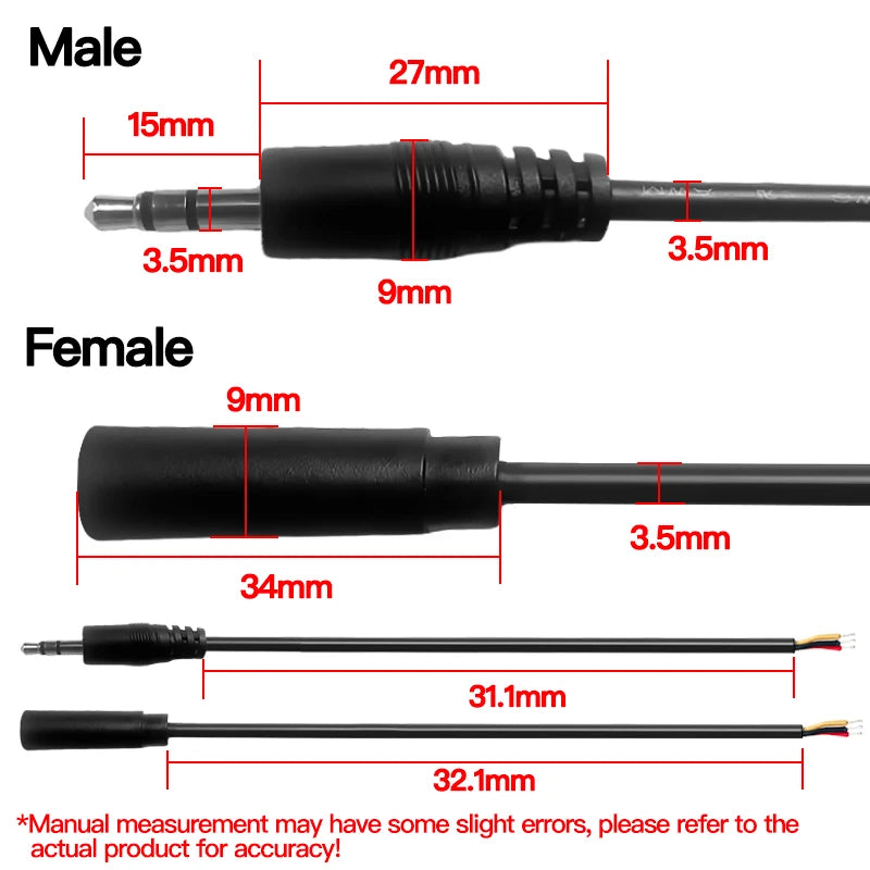 Close-up of 3.5mm stereo audio cable, 3×26AWG AUX cord, high-quality male-to-male wire for car, phone, speaker, headphones