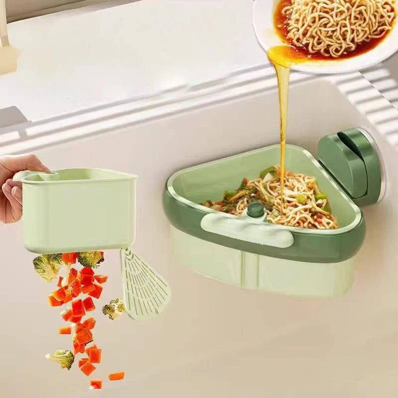 Close-up of suction cup press sink drainer basket for automatic draining and sponge storage