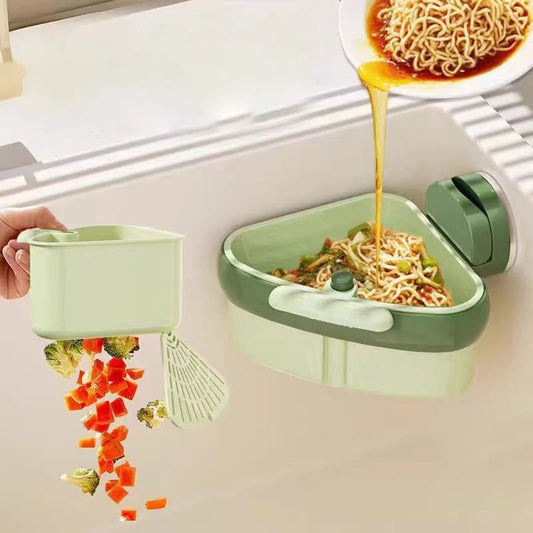 Close-up of suction cup press sink drainer basket for automatic draining and sponge storage