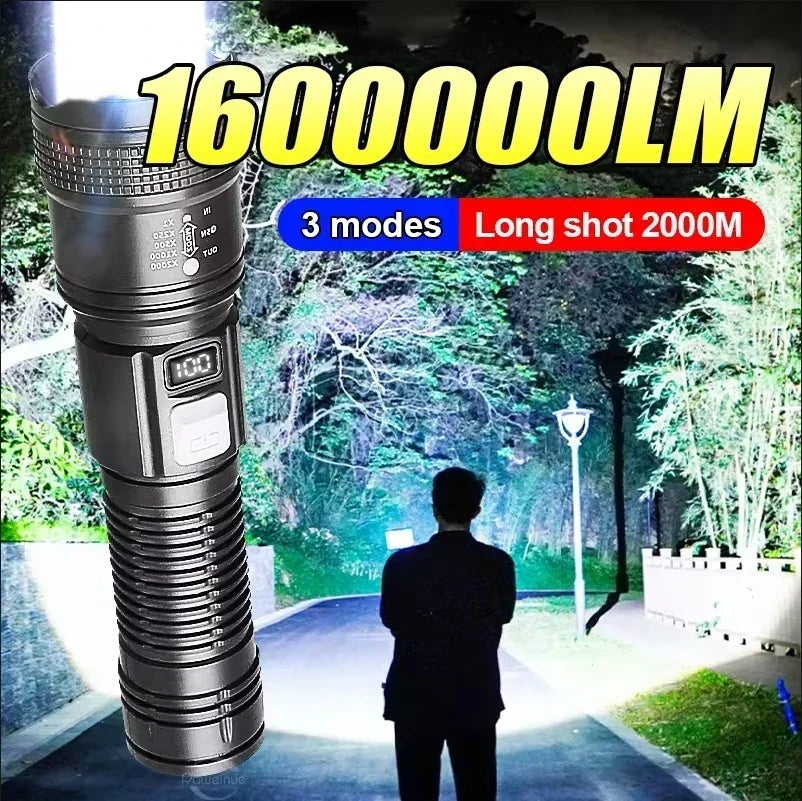 Super bright LED flashlight with battery display and zoom
