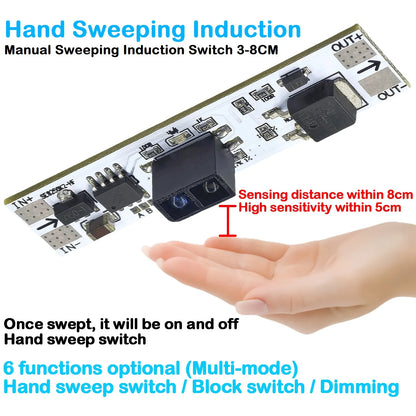 Short distance sweep hand PIR motion and capacitive touch sensor module, 5V-24V 5A 120W output, LED dimming and lamp control for DIY electronics projects