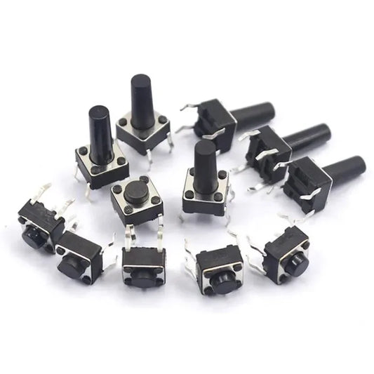 DIP 4-pin momentary tactile switch showing miniature push button and pin layout