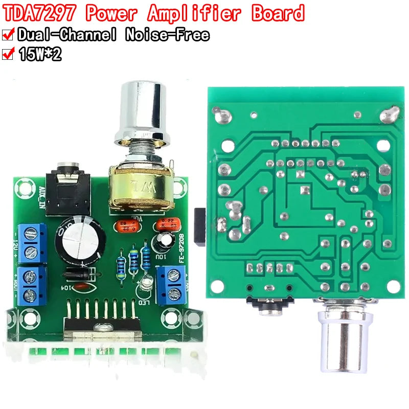 TDA7297 dual-channel 15W+15W audio amplifier board module, ideal for DIY audio projects, home stereo systems, and electronics prototyping