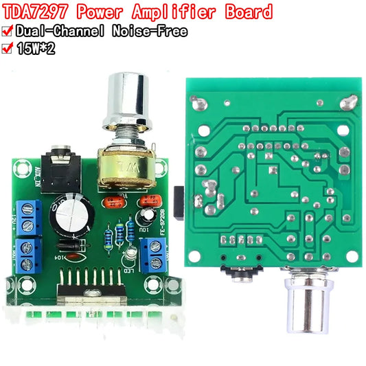 TDA7297 dual-channel 15W+15W audio amplifier board module, ideal for DIY audio projects, home stereo systems, and electronics prototyping