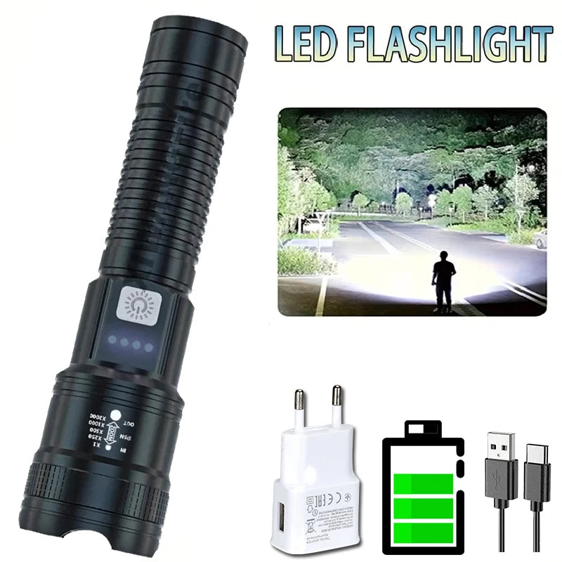 Telescopic zoom flashlight with smart display rechargeable torch