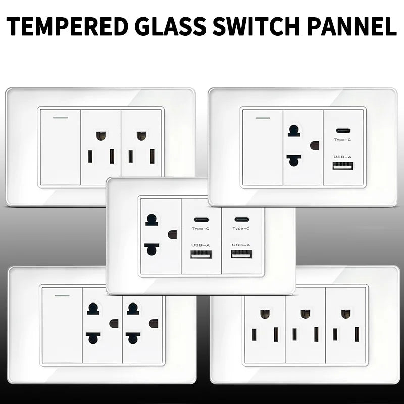 118x75mm tempered glass US-Thai socket with dual USB-C ports and 2 AC outlets, scratch-resistant panel, 110V